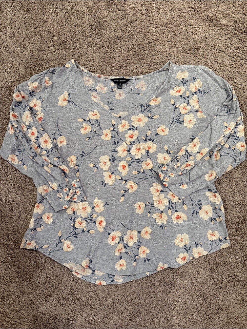 Lucky Brand Blue Floral V-Neck Long Sleeve Top